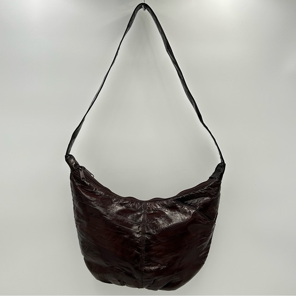 Womens Leather Eel Skin Handbag Hobo Shoulder Size M Zip Soft Luxe Boho Vintage - Picture 3 of 13